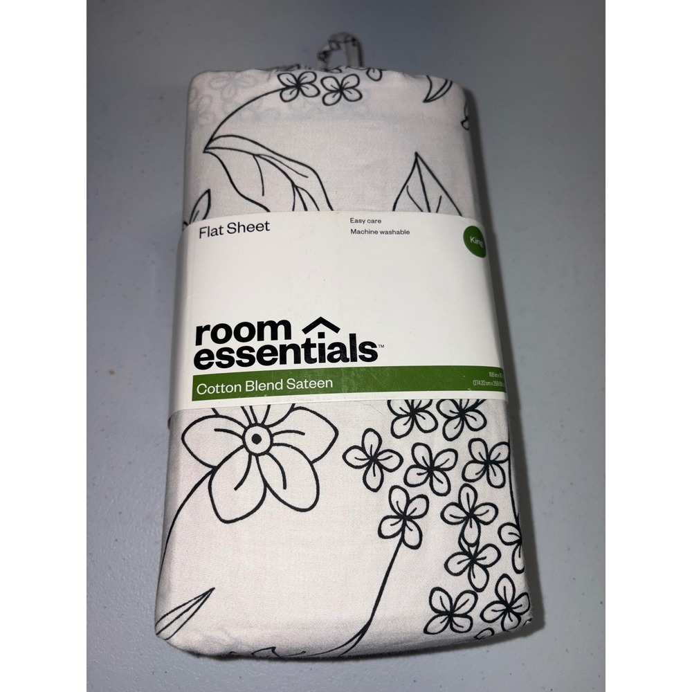 Room Essentials King Flat Sheet Gray Floral Cotton Blend Sateen White New